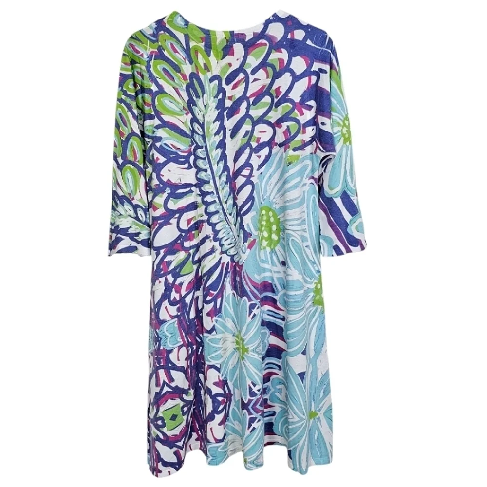 Atelier 5 By Gozde Yilmaz Colorful Floral Shift Dress Sz Large Blue Unique Basic